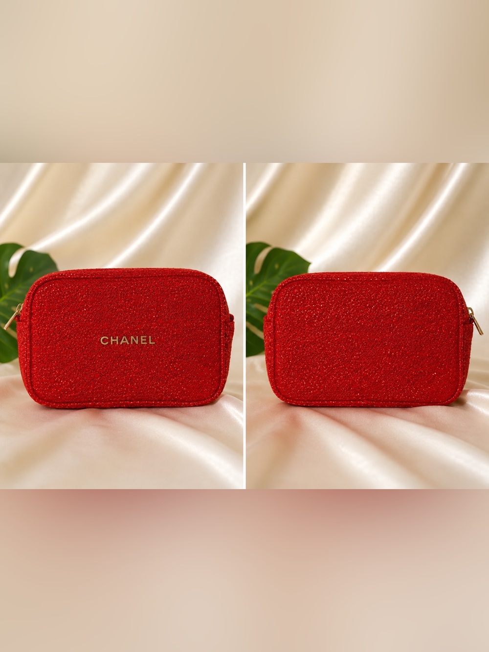 CHANEL Red Glitter Cosmetic Makeup Pouch | Zip Beauty Bag | Limited Edition